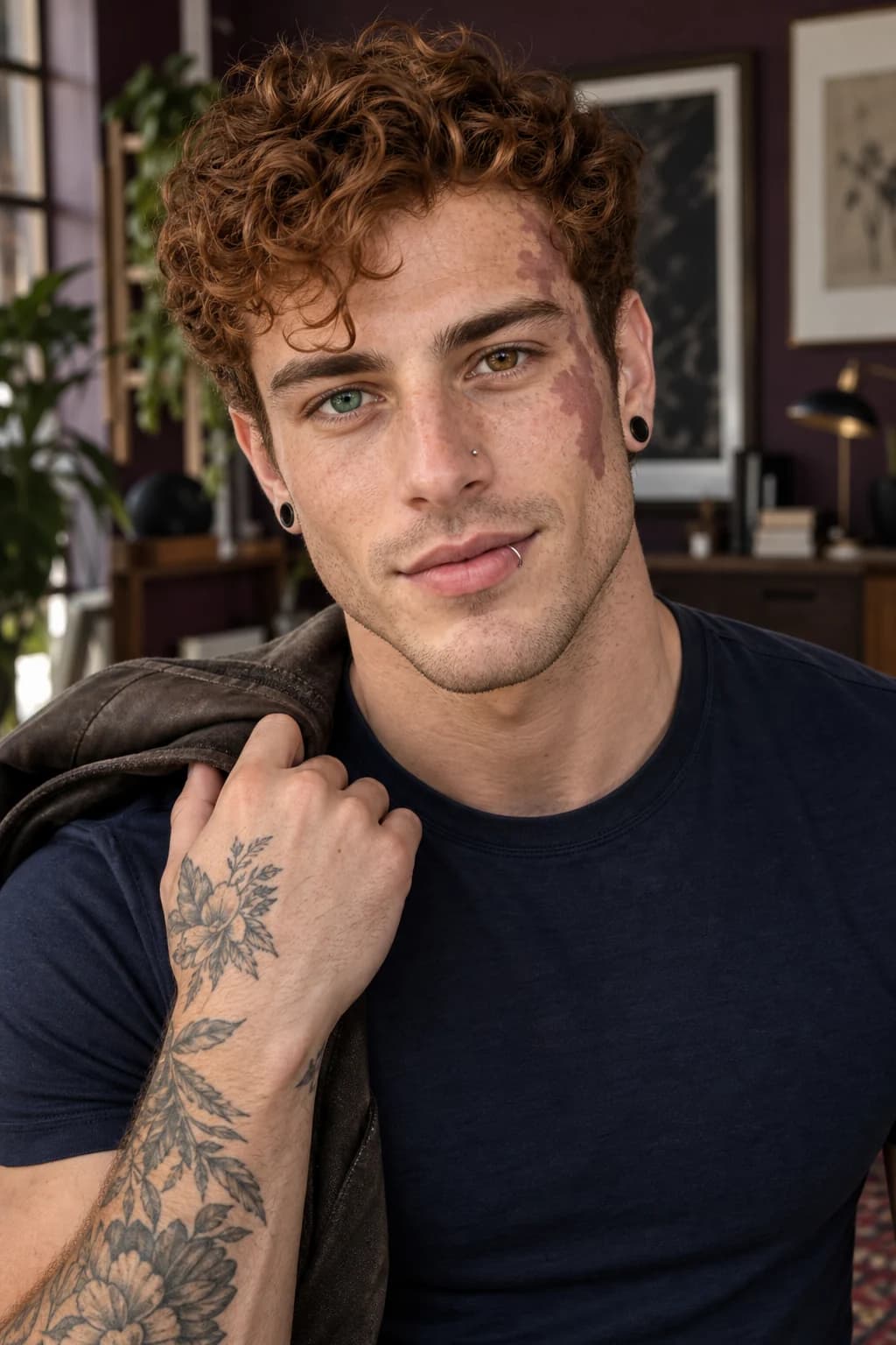 Adult male AI influencer with auburn curls, freckles, a cheek birthmark, green and hazel eyes and silver facial jewellery