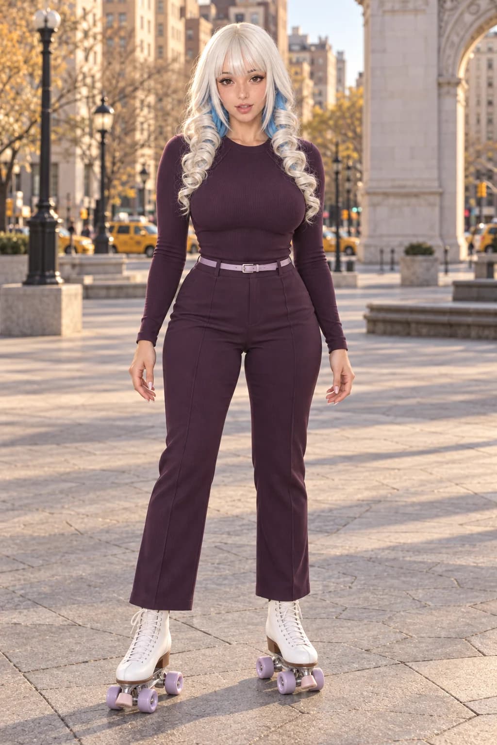 Full-body AI fashion influencer on roller skates, with hands and wheels visible