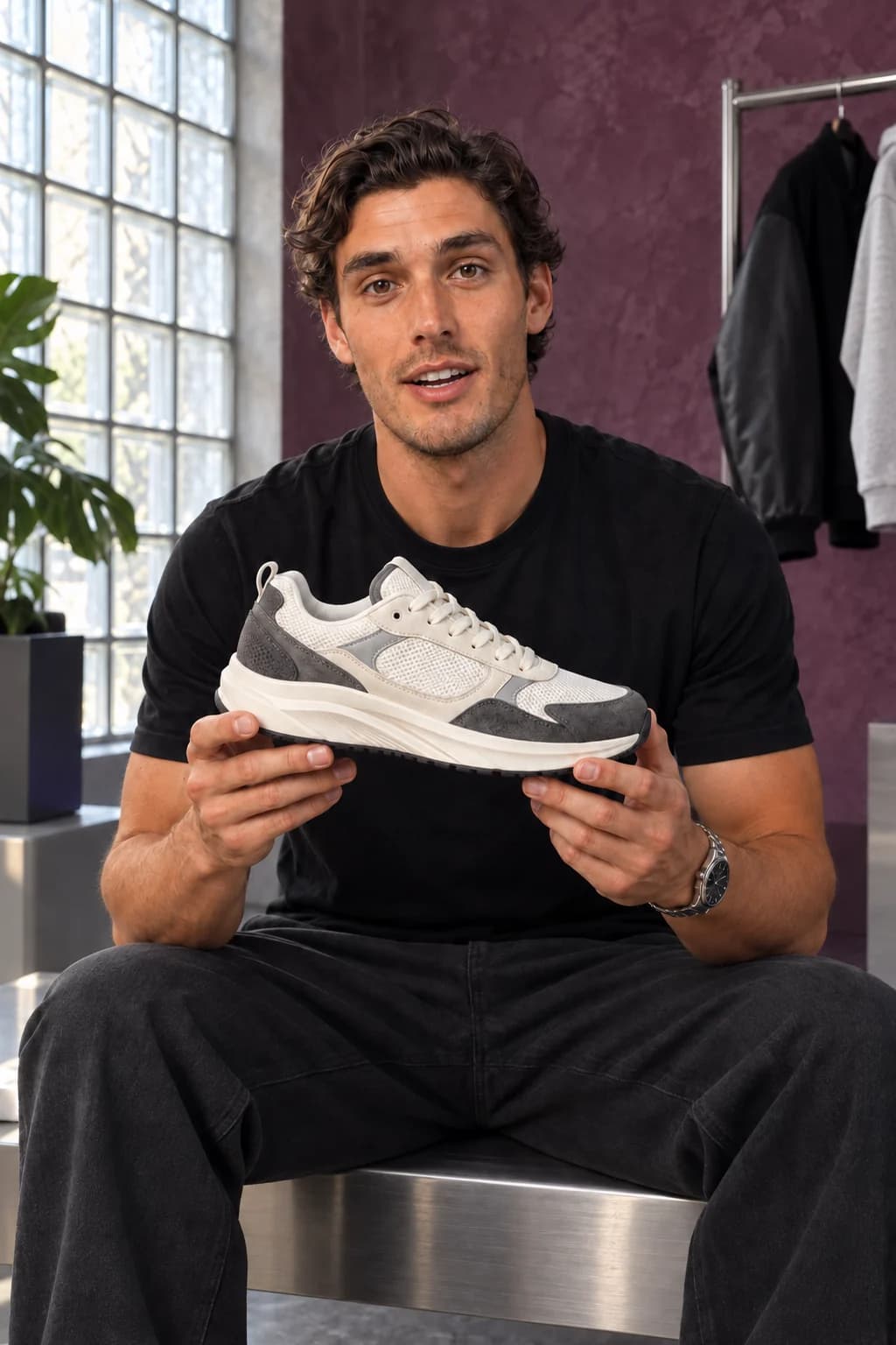 Male AI streetwear influencer holding a sneaker against an edited plum studio wall