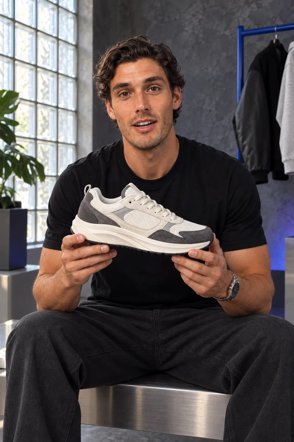 Source image: male influencer and sneaker in front of a charcoal wall and cobalt clothing rail