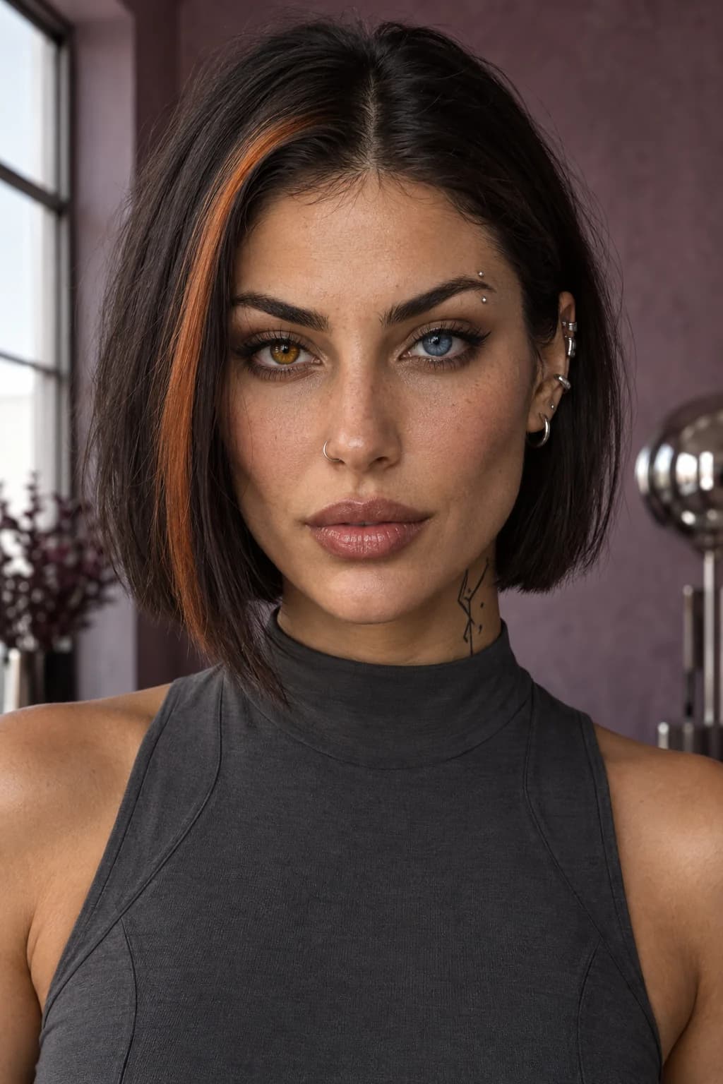 Adult AI influencer with an espresso bob, copper hair streak, amber and blue eyes, silver piercings and a geometric neck tattoo
