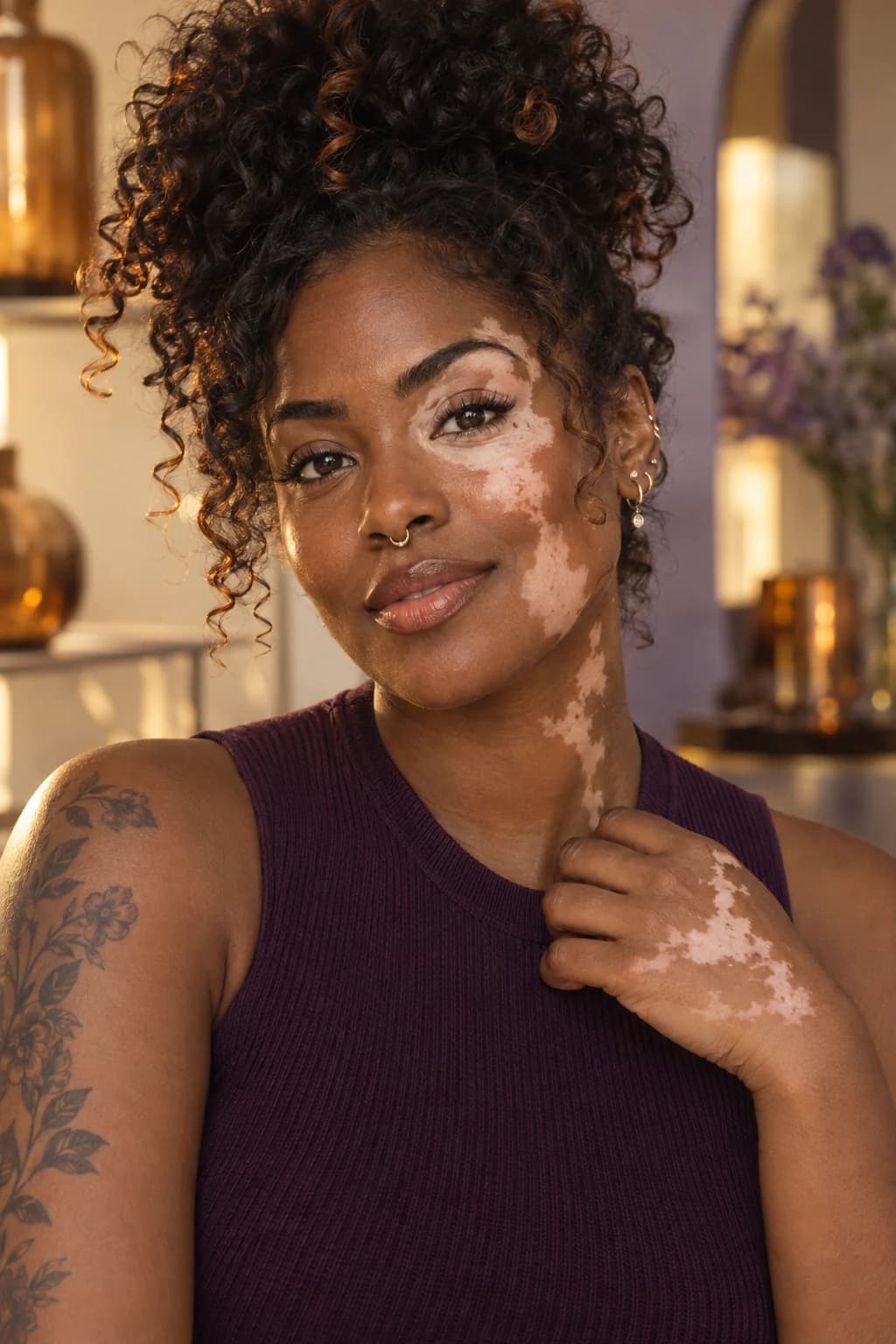Adult AI beauty influencer with dark skin, light depigmented skin patches, natural curls, gold piercings and botanical body art