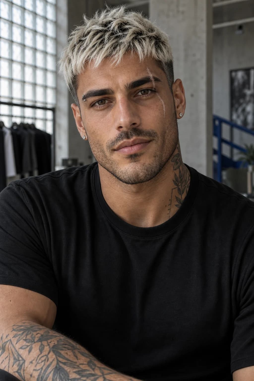 Adult male AI influencer with a platinum crop, a healed eyebrow scar, titanium piercing and black neck and forearm tattoos