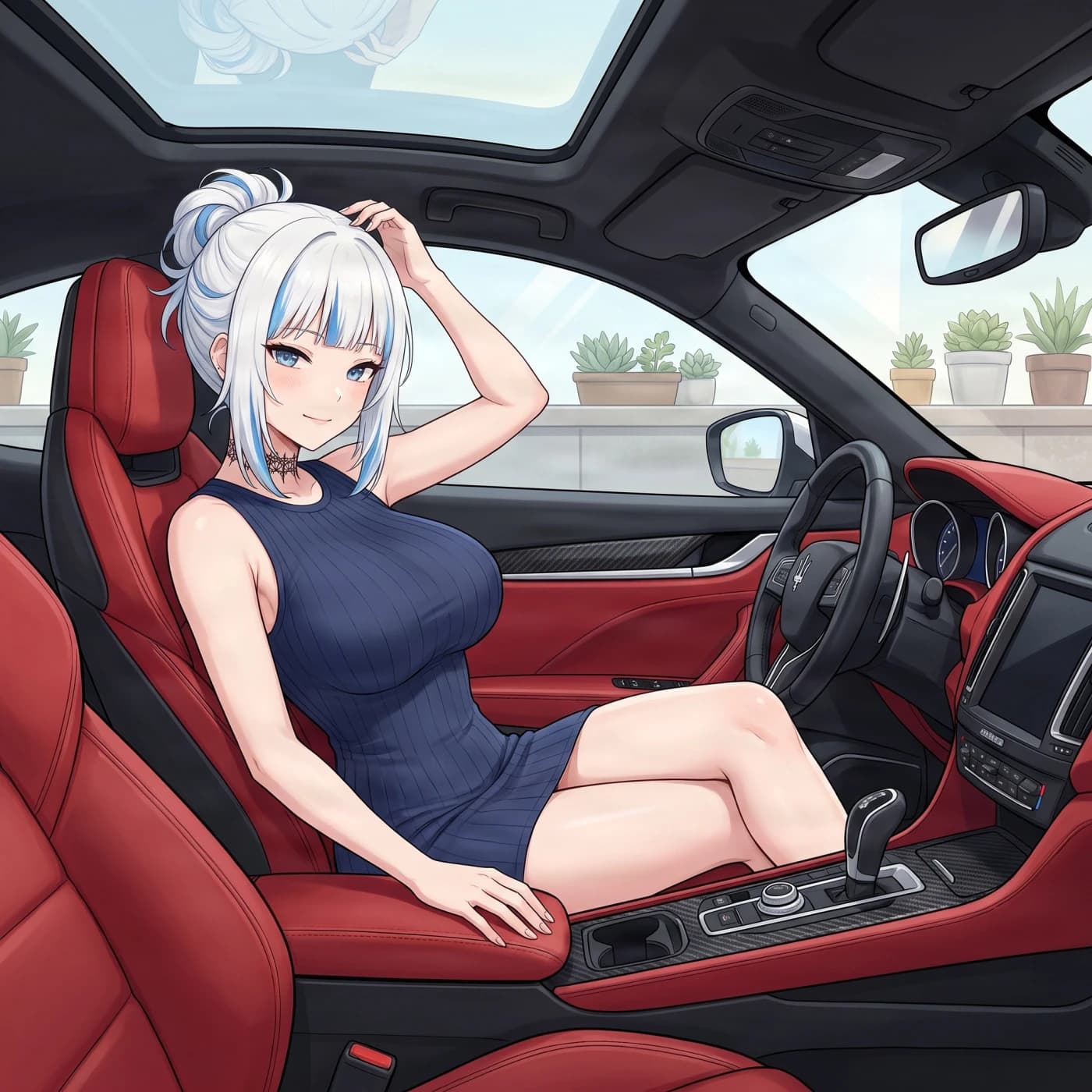 FanPro-generated anime character with white and blue hair in a red car interior