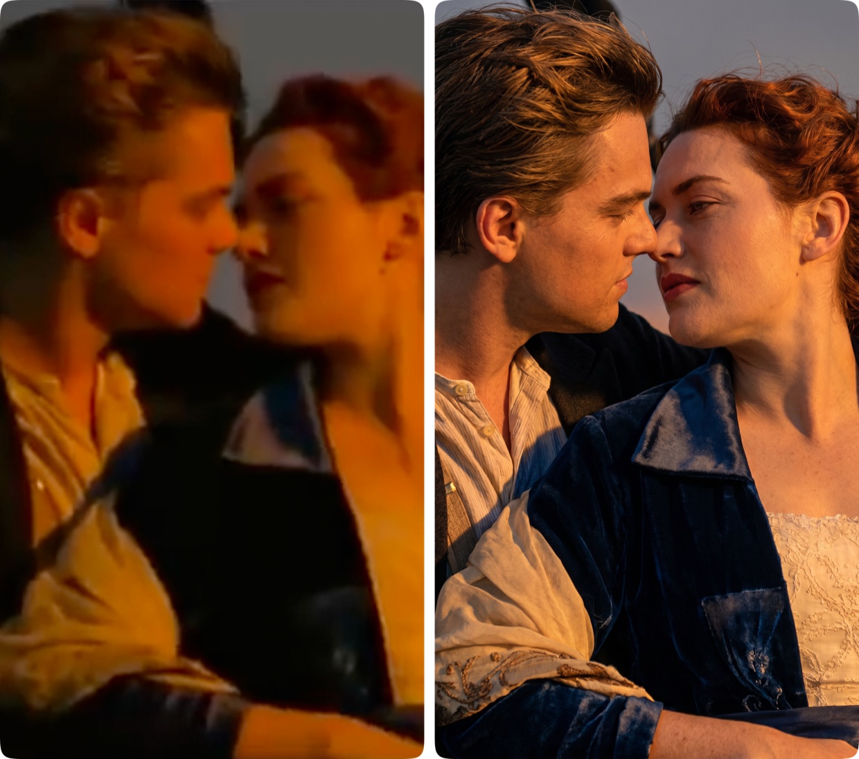 Blurry original Titanic frame next to its AI-upscaled version